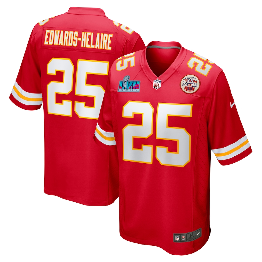 Men's Kansas City Chiefs Clyde Edwards-Helaire #25 Red Super Bowl LVII Patch Jersey